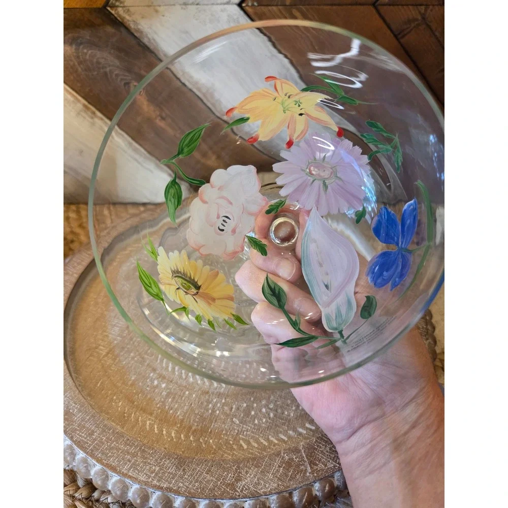 Hand Painted Floral Glass Butter Dish Domed Cloche Lid Clear 2 Piece Set Cottage